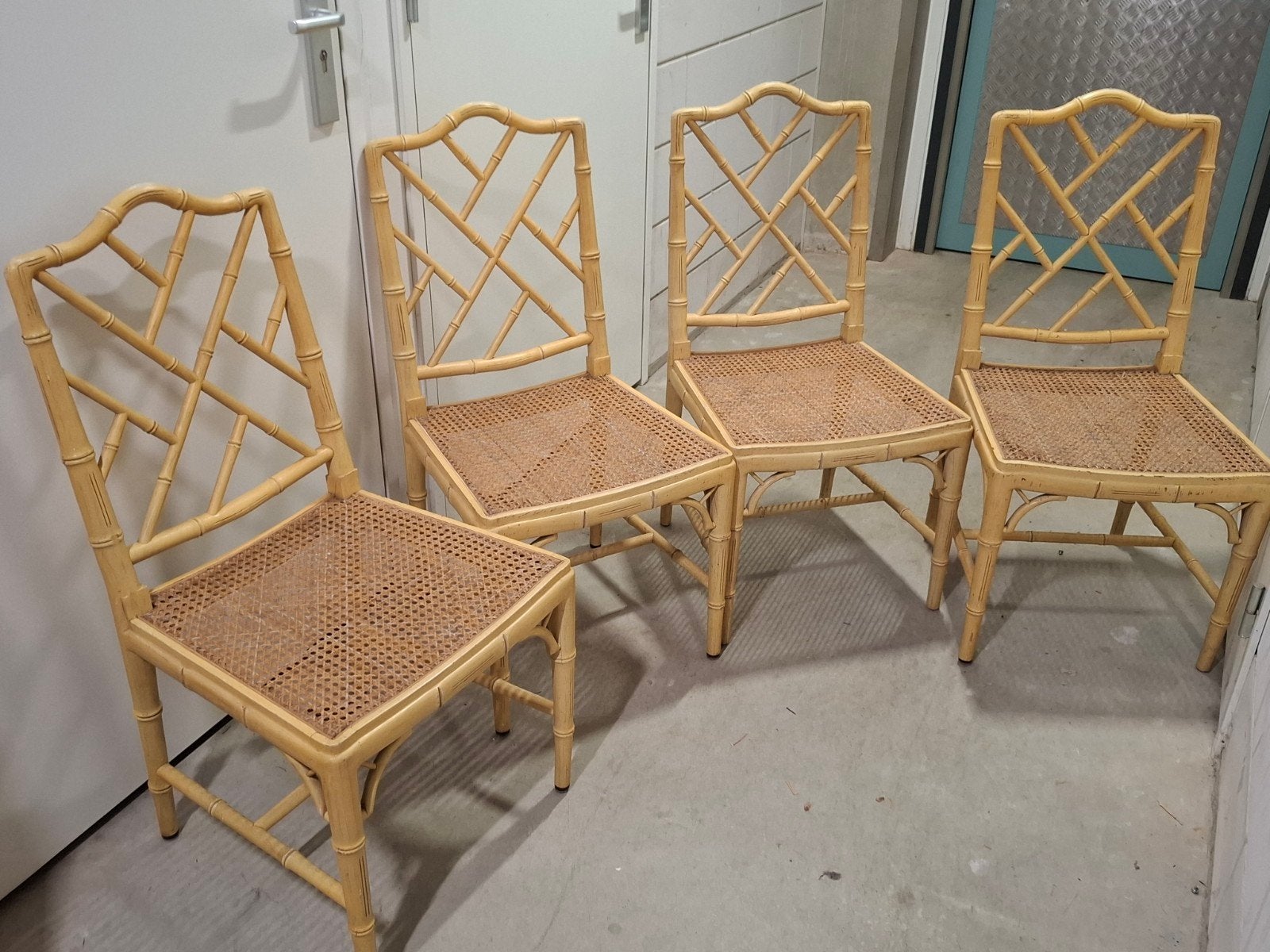 4 vintage eetkamerstoelen Chippendale faux bamboo Adlerstijl, Gebruikt, Overige kleuren, Ophalen of Verzenden, Vier