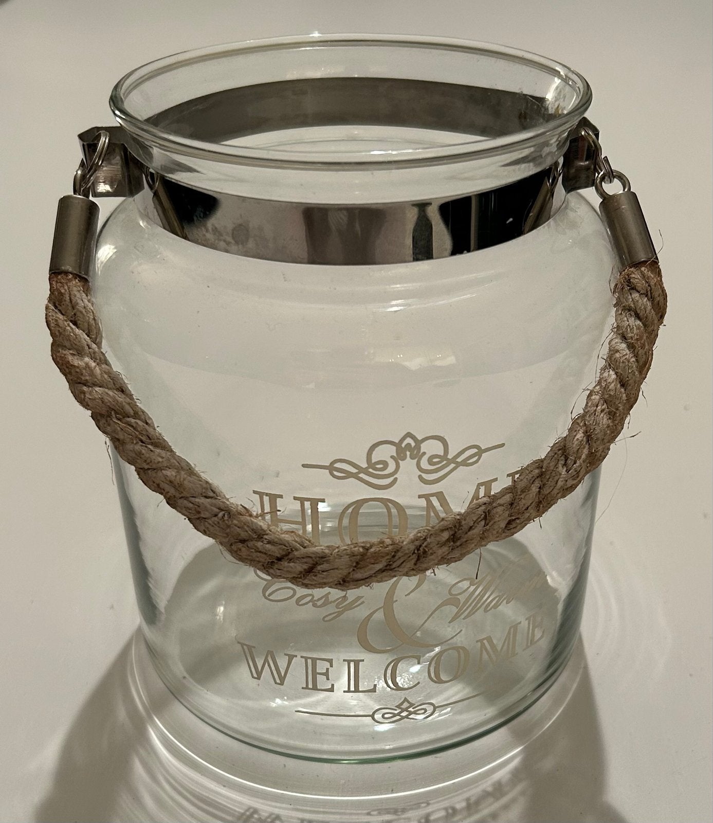 Glazen windlicht met touw en inspirerende tekst, Windlicht, Ophalen of Verzenden, Glas, 17 cm