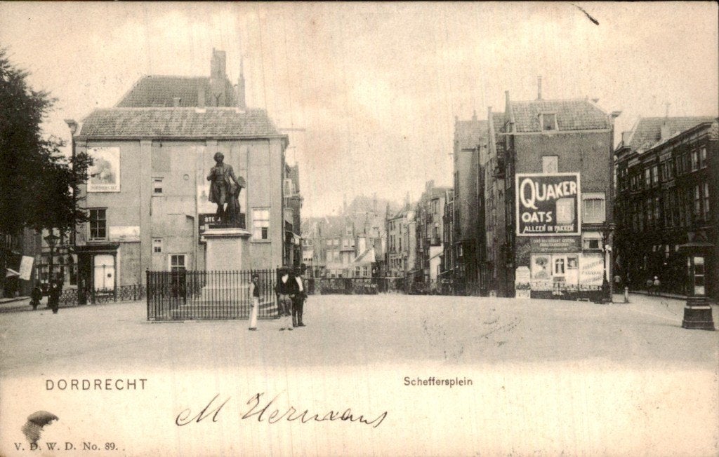 Dordrecht - Standbeeld - Scheffersplein, Ophalen of Verzenden, Voor 1920, Gelopen, Zuid-Holland
