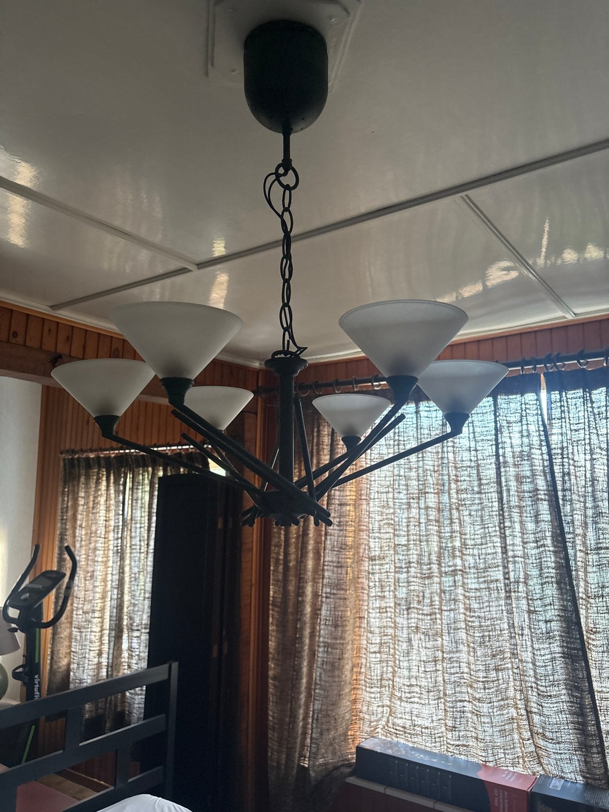 Groenige hanglamp met 5 kelken, Ophalen, Gebruikt, Metaal