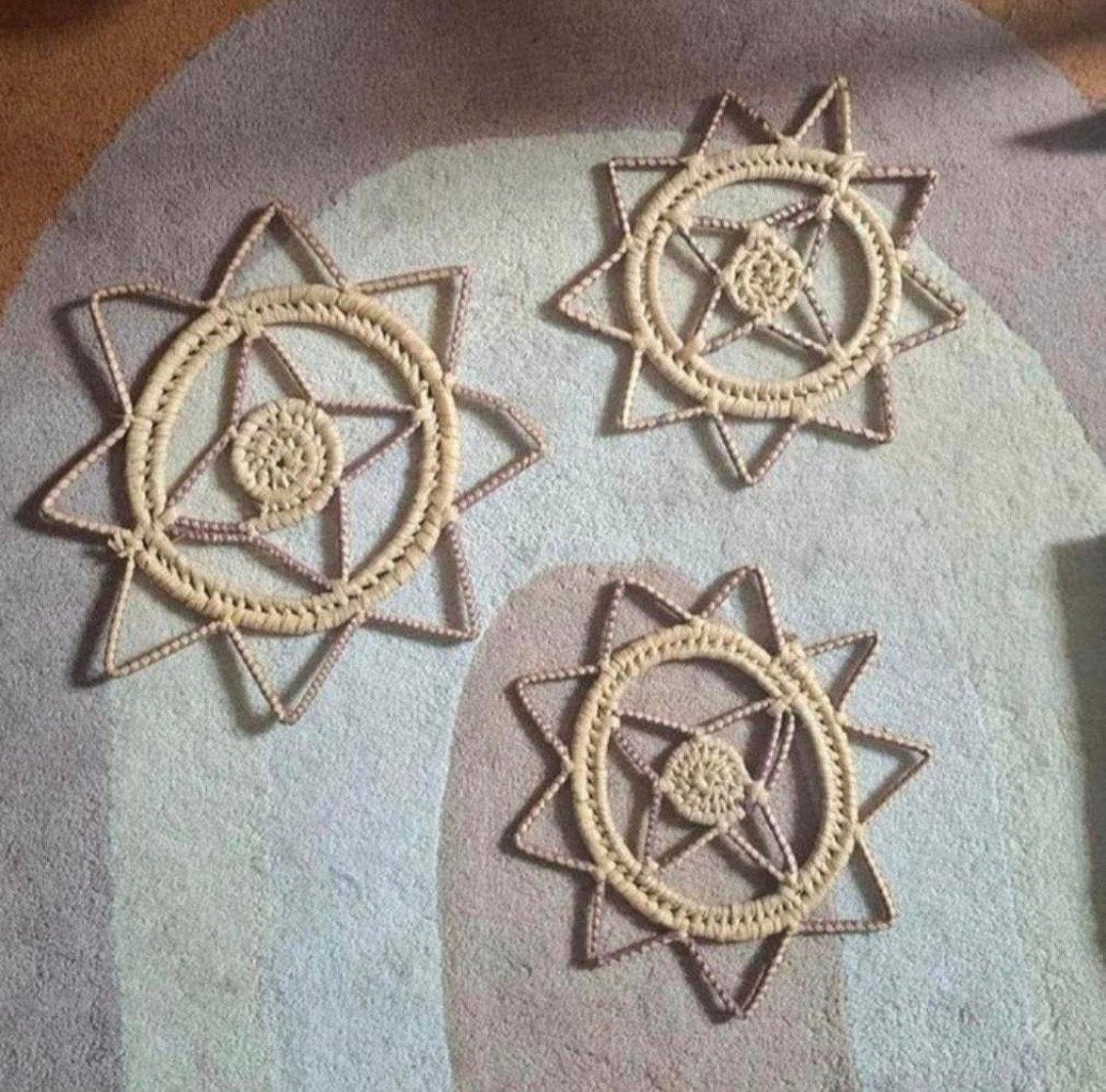 3-delige rotan wanddecoratie set - Sterren design, Beige, Boho, Decoratieobject, Ophalen of Verzenden
