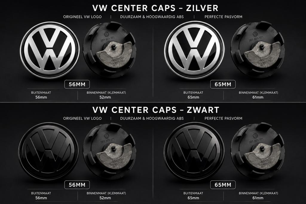 VW Center Caps Glanzend Zwart - 56mm & 65mm, Ophalen of Verzenden, Zo goed als nieuw