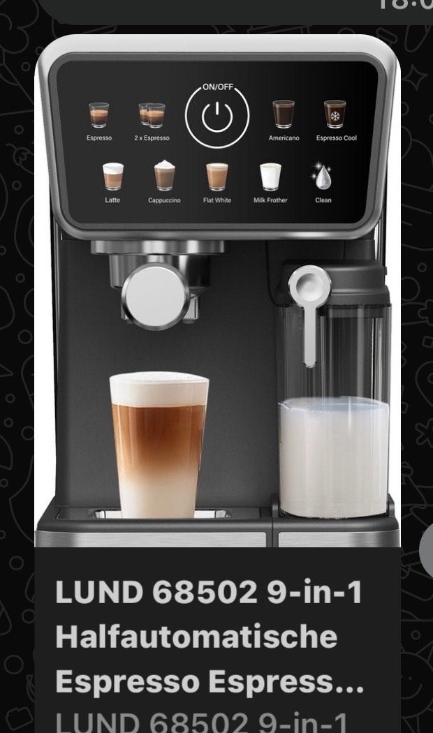 LUND 68502 9-in-1 Halfautomatische Espressomachine, Ophalen of Verzenden, Zo goed als nieuw, Espresso apparaat, Gemalen koffie