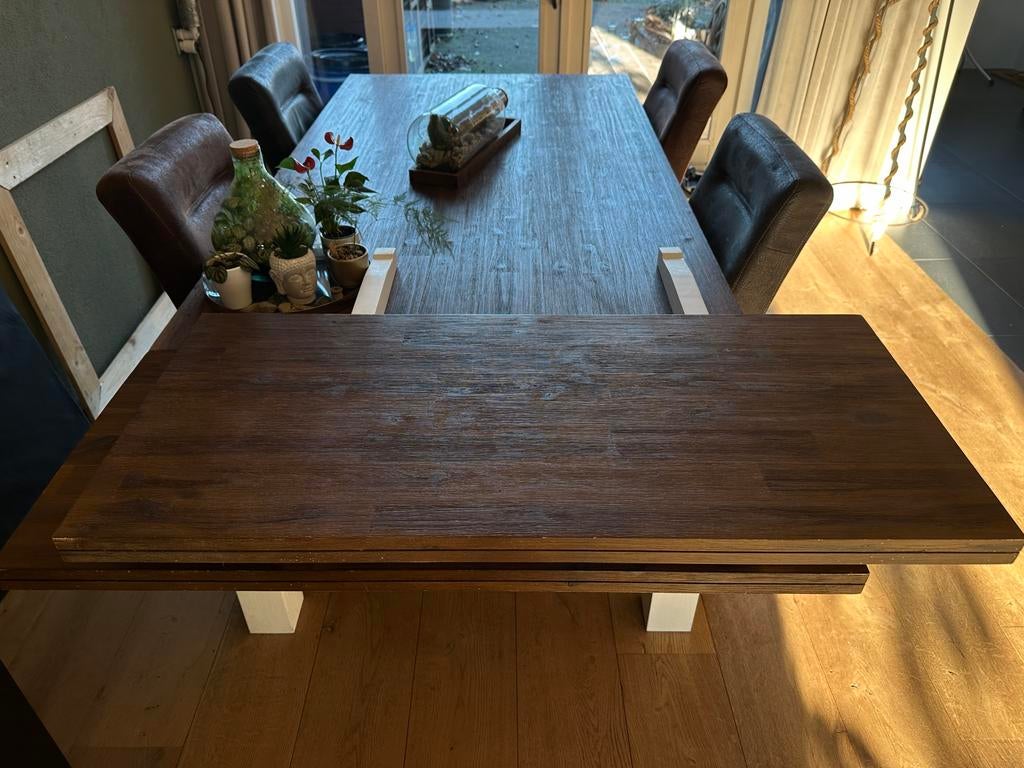 Uitschuifbare eettafel met 2 uitbreidingen, Huis en Inrichting, Tafels | Eettafels, Ophalen, Gebruikt, 100 tot 150 cm, 200 cm of meer