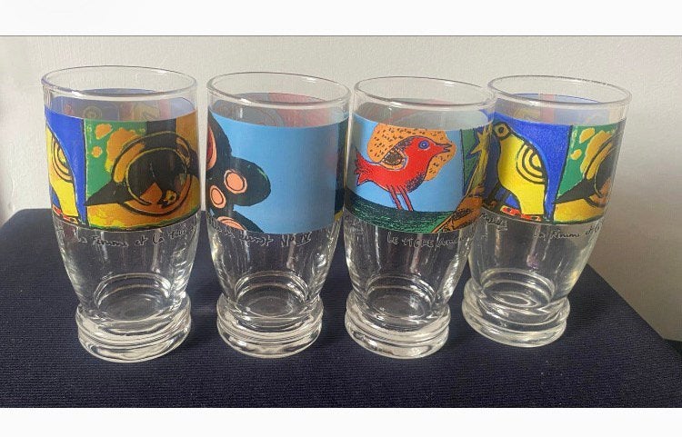4 Glazen Corneille met kunstzinnige met vogels en figuren., Ophalen of Verzenden, Zo goed als nieuw, Frisdrankglas