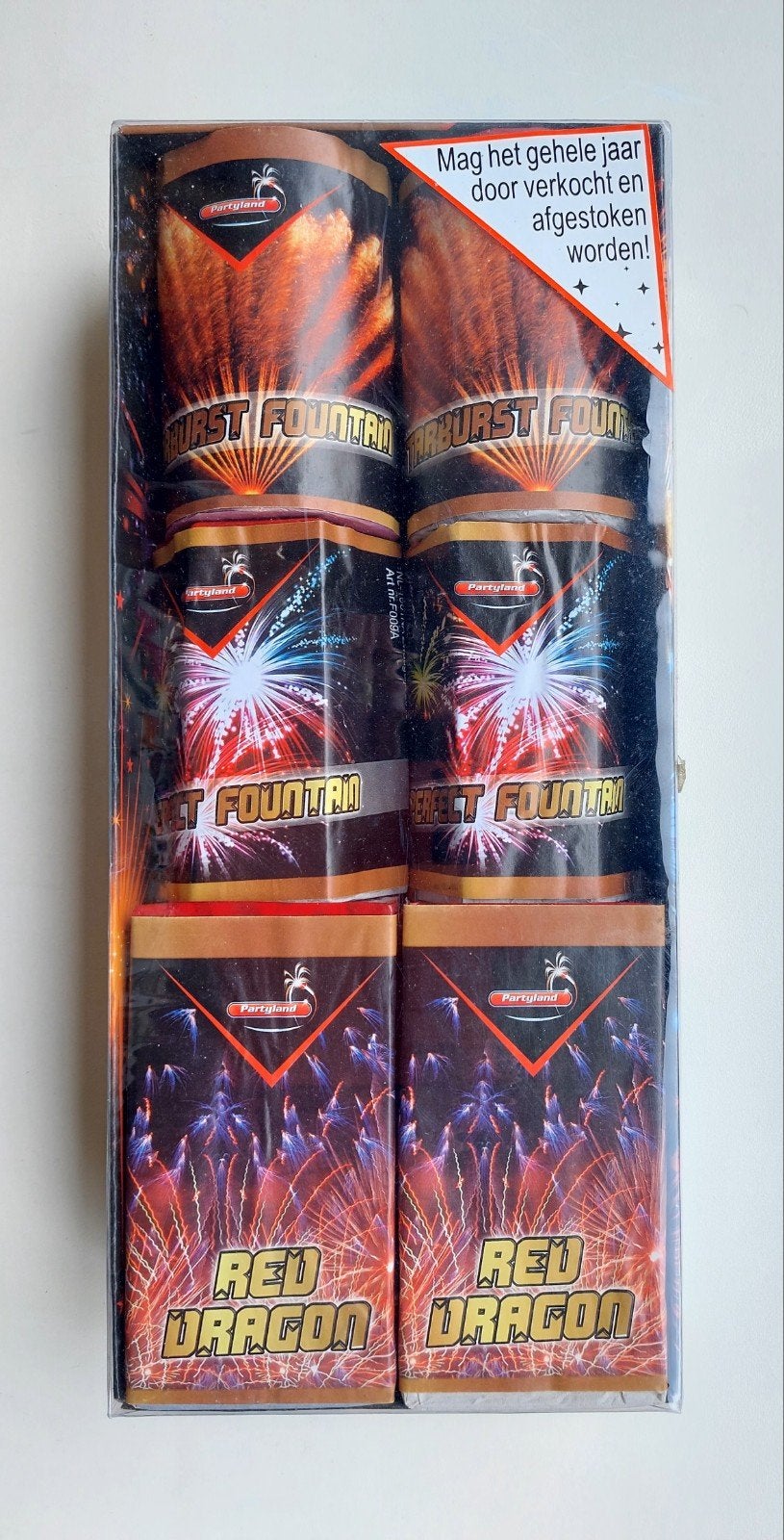 Partyland Vuurwerk Fonteinen Set - Burst & Red Dragon, Hobby en Vrije tijd, Ophalen of Verzenden, Nieuw, Feestartikel, Overige