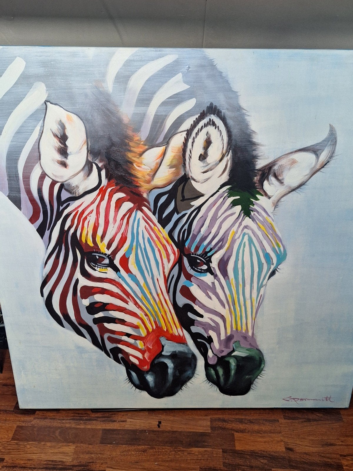 Schilderij: Kleurrijke Zebra's - Modern Kunstwerk, Ophalen