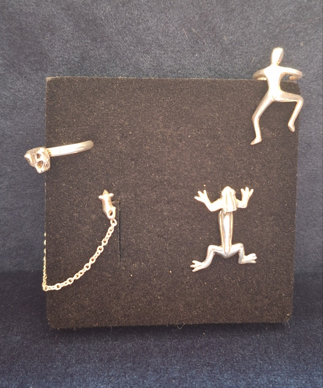 Zilveren oorbellen: kikker, kat & muis + ear cuff poppetje, Hangers, Ophalen of Verzenden, Zo goed als nieuw, Zilver