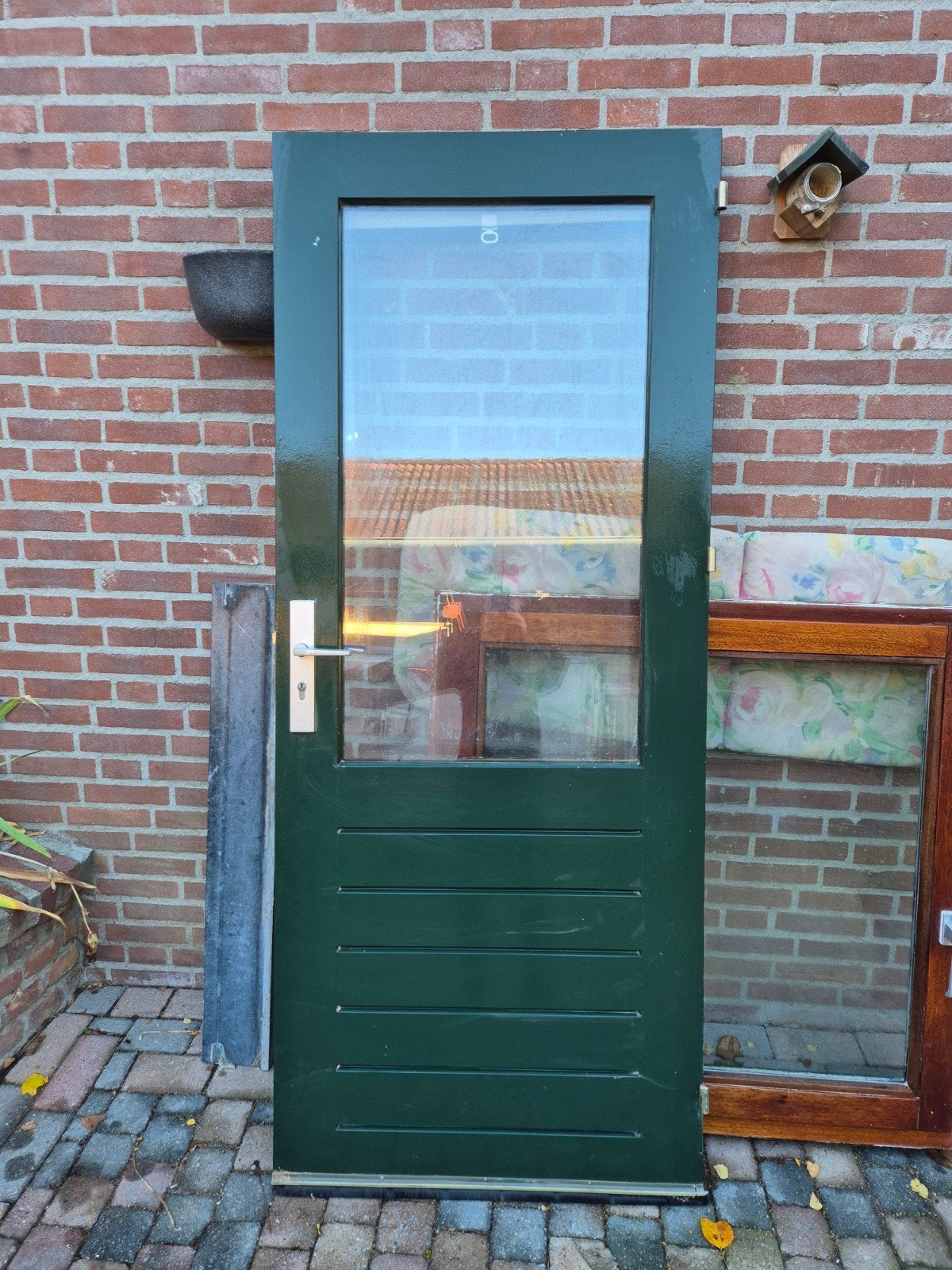 Houten buitendeur Meranti met dubbelglas - 205 x 82,5 x 4 cm, Ophalen, Gebruikt, 80 tot 100 cm, Buitendeur
