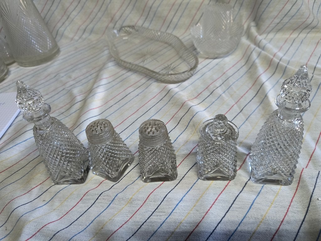 Kristal zout peper olijfolie tafelstel antiek brocante vinta, Ophalen