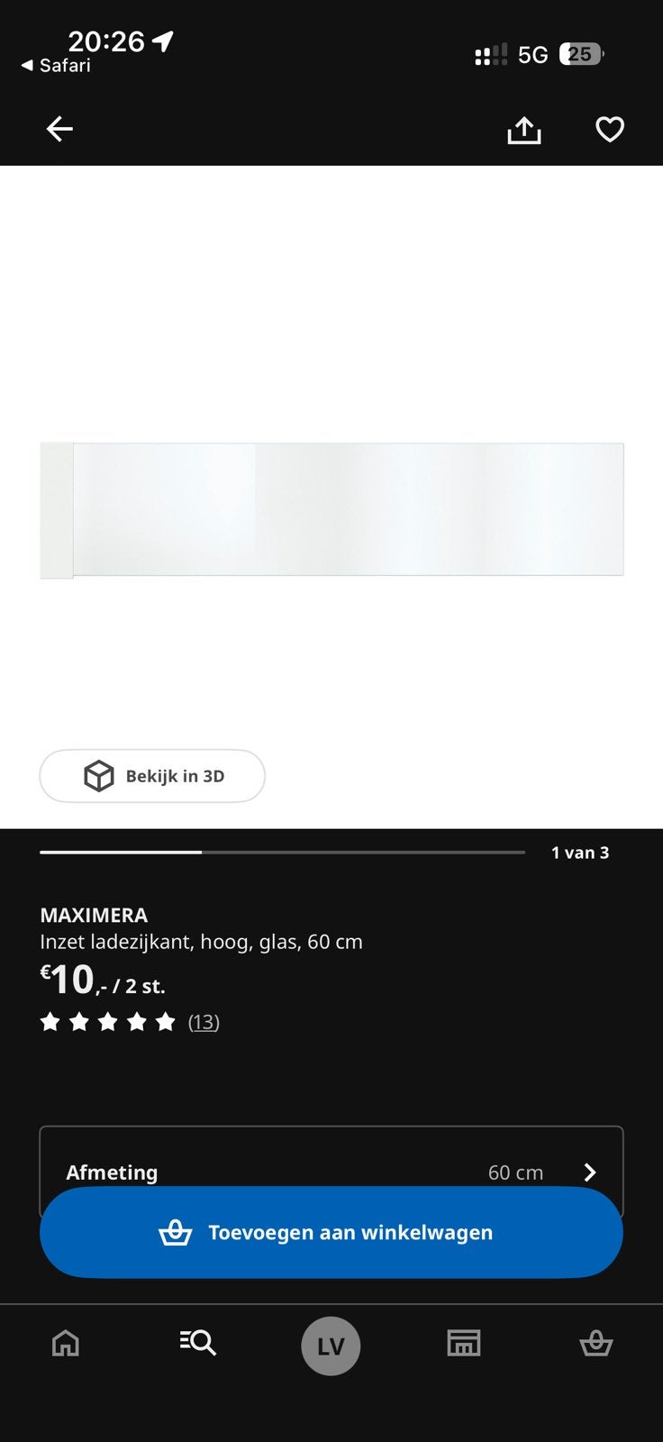Maximeira inzet ladezijkant glas 60cm 9stuks, Ophalen, Minder dan 20 cm, Zo goed als nieuw, Minder dan 5 m²