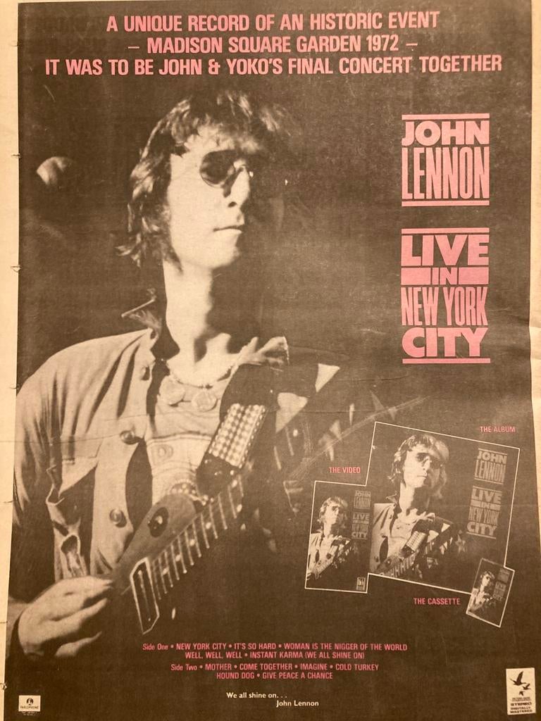 Paginagrote A3 advertentie JOHN LENNON Live New York release, Ophalen of Verzenden, Zo goed als nieuw, A1 t/m A3