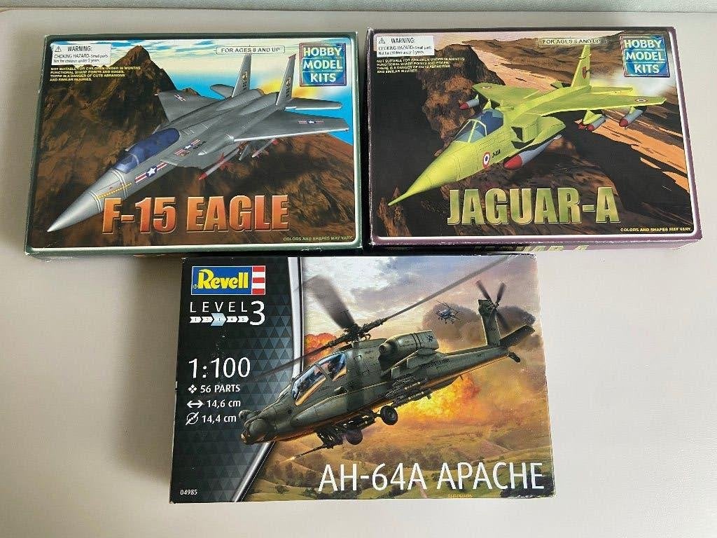 3 Model straaljager/Apache model f-15 eagle en jaguar-A, Hobby en Vrije tijd, Modelbouw | Vliegtuigen en Helikopters, Ophalen of Verzenden