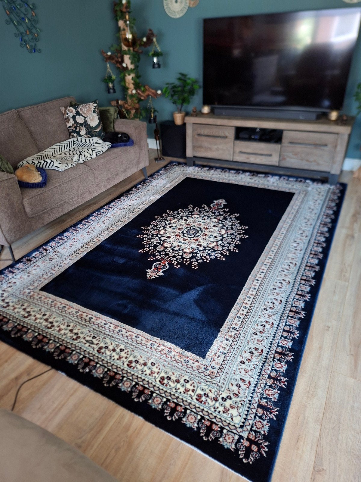 Prachtig donkerblauw vloerkleed met klassiek patroon, Ophalen, 150 tot 200 cm, 200 cm of meer, Crème