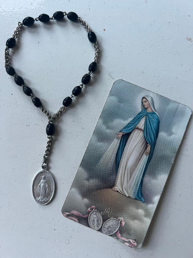 rozenkrans armband met maria plaatje en oude bidprent maria, Ophalen of Verzenden, Zo goed als nieuw, Sieraad, Christendom | Katholiek