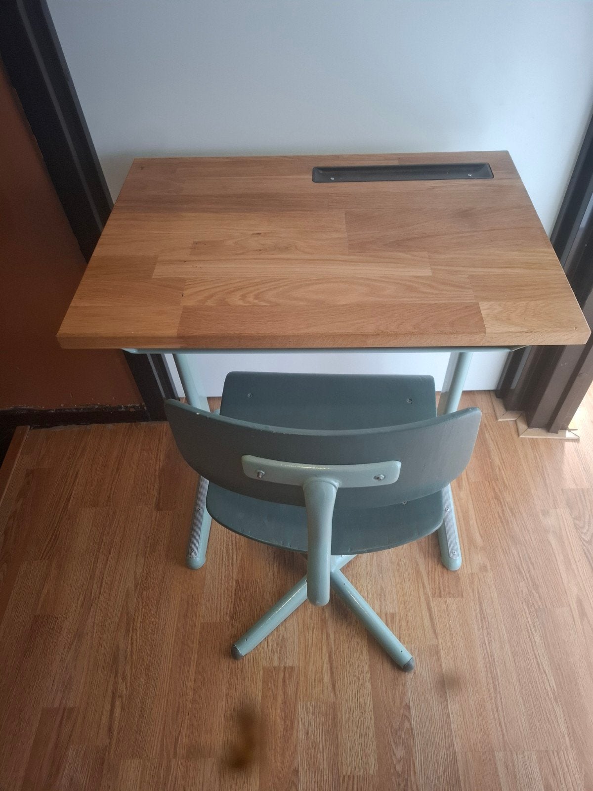 Vintage Schoolbureau en Stoel - Hout & Metaal, Huis en Inrichting, Ophalen, Groen, Gebruikt, Hout