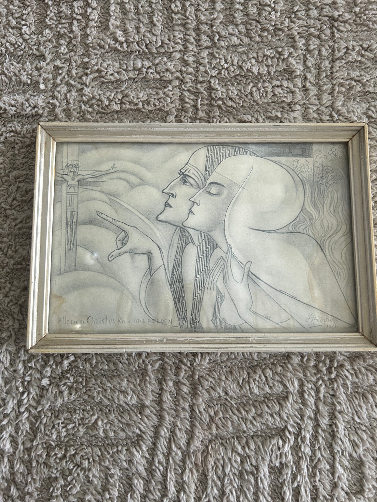 Vintage Tekening: Alleen de Christus kan ons redden, Antiek en Kunst, Ophalen, Tekening, Potloodtekening, Gesigneerd