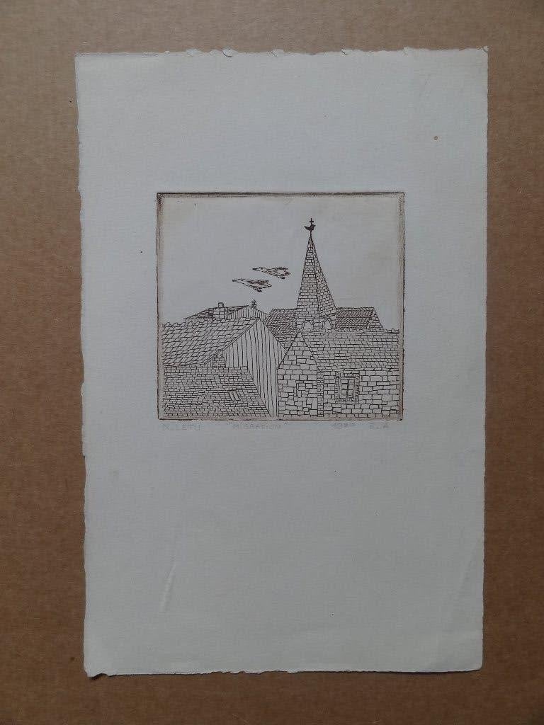ets "Migration" van N.Letu 1977 E.A. beeld 9 x 10 cm, Antiek en Kunst, Verzenden, Architectuur, Ets, Gesigneerd