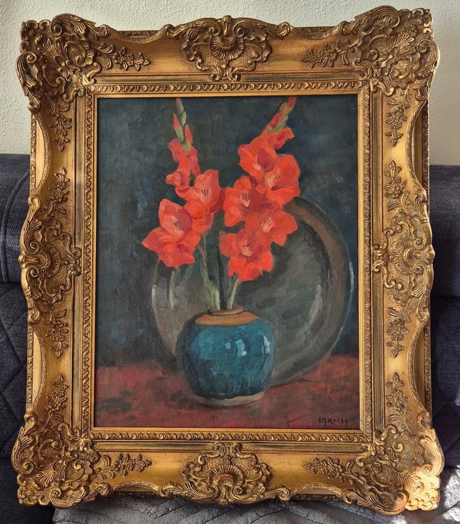 Dirk Jan Koets (1895-1956) stilleven., Antiek en Kunst, Kunst | Schilderijen | Klassiek, Doek, Bijzondere lijst, Stilleven, Impressionistisch