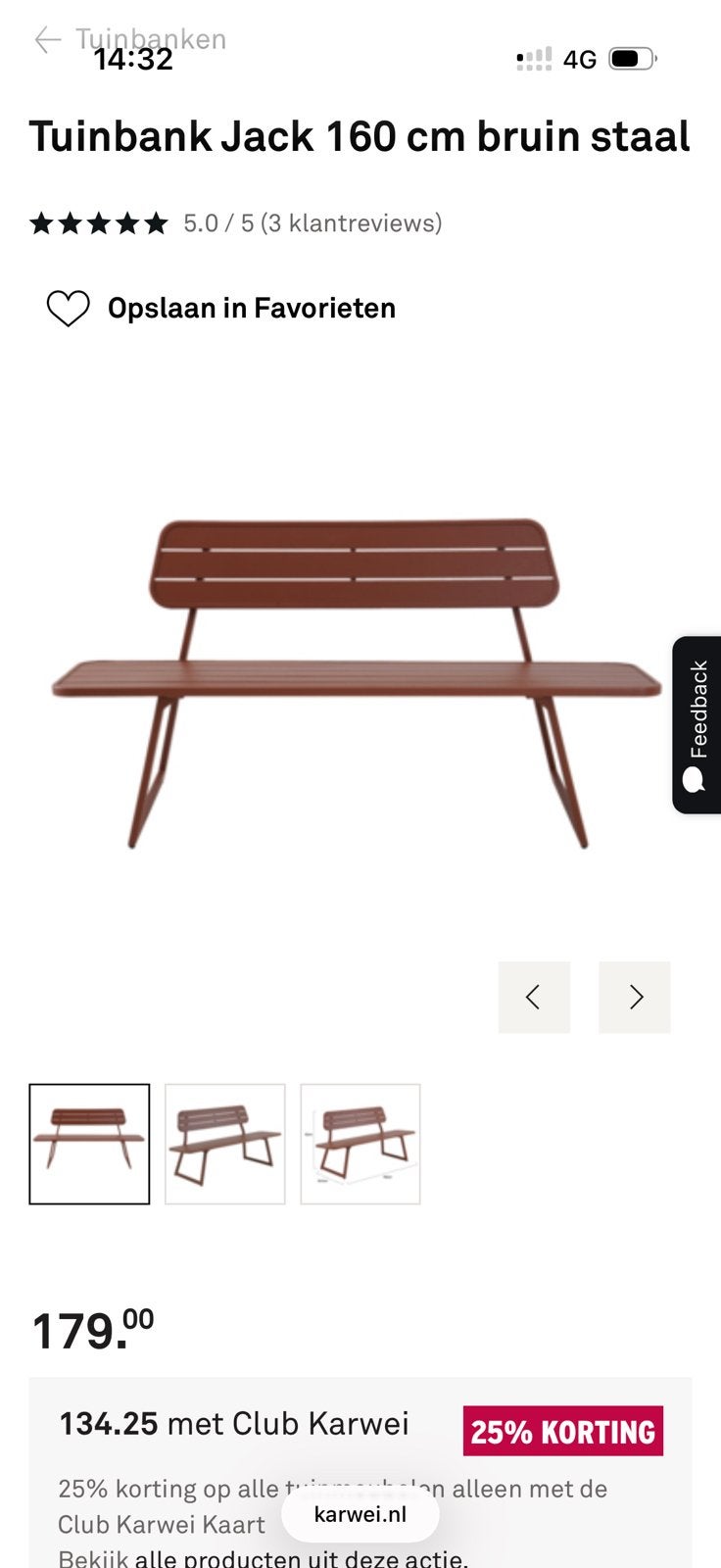 GEZOCHT: Tuinbank Jack 160 cm bruin staal karwei, Tuin en Terras, Ophalen of Verzenden, Zo goed als nieuw, Hout