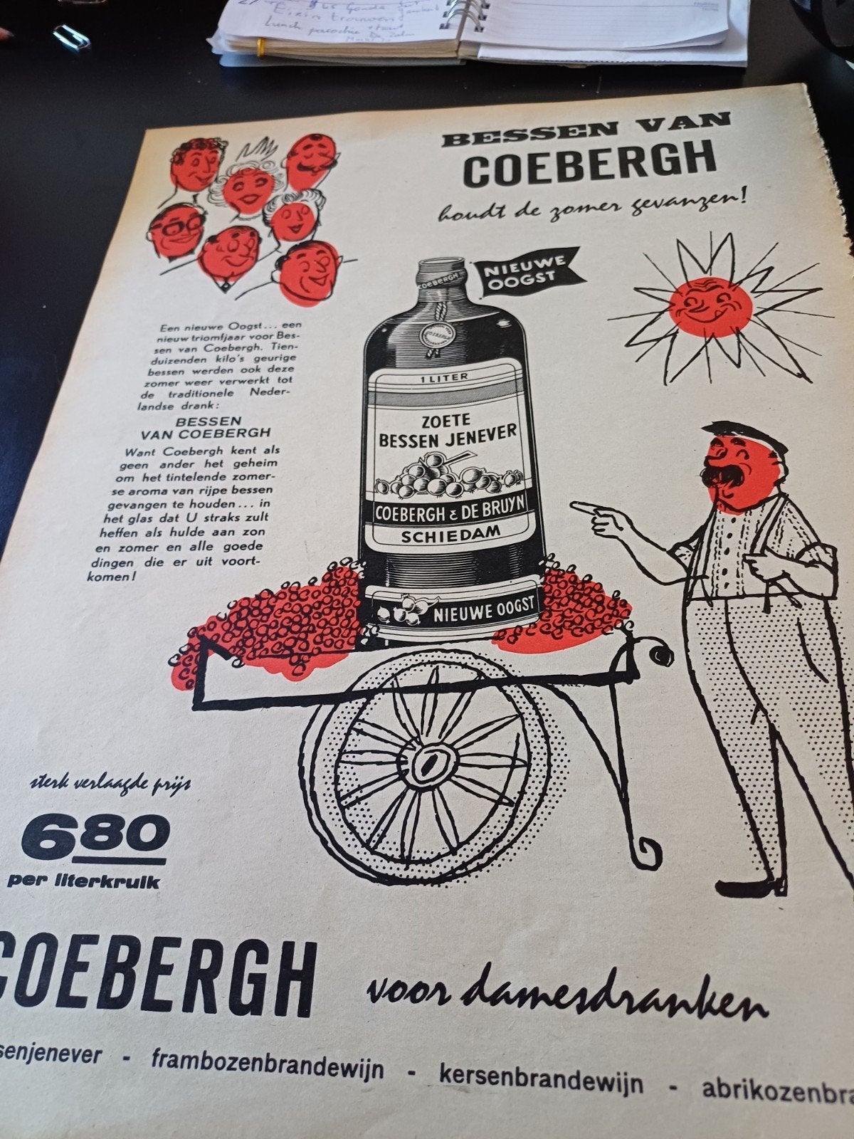 advertentie van Coebergh bessen jenever 1958, Verzamelen, Merken en Reclamevoorwerpen, Ophalen of Verzenden, Zo goed als nieuw
