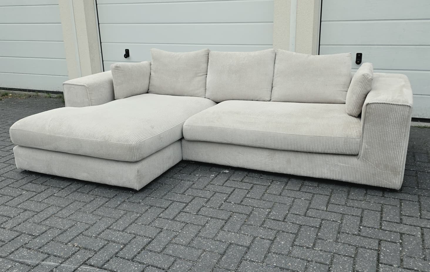 Beige Ribstof hoekbank/ loungebank kan bezorgd worden!!, Ophalen of Verzenden, Zo goed als nieuw, 150 cm of meer, Vierpersoons of meer