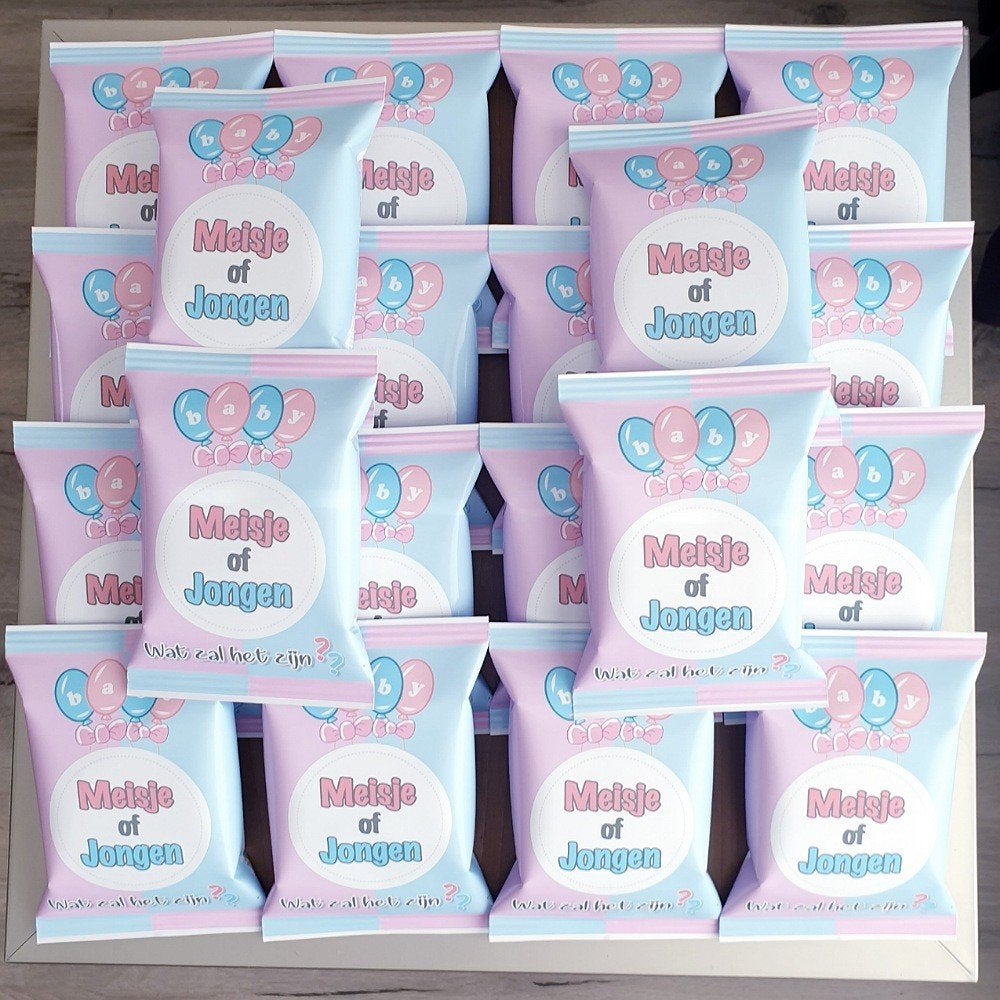 Traktatie zakje chips met thema GENDER REVEAL, Ophalen of Verzenden, Nieuw, Feestartikel, Verjaardag