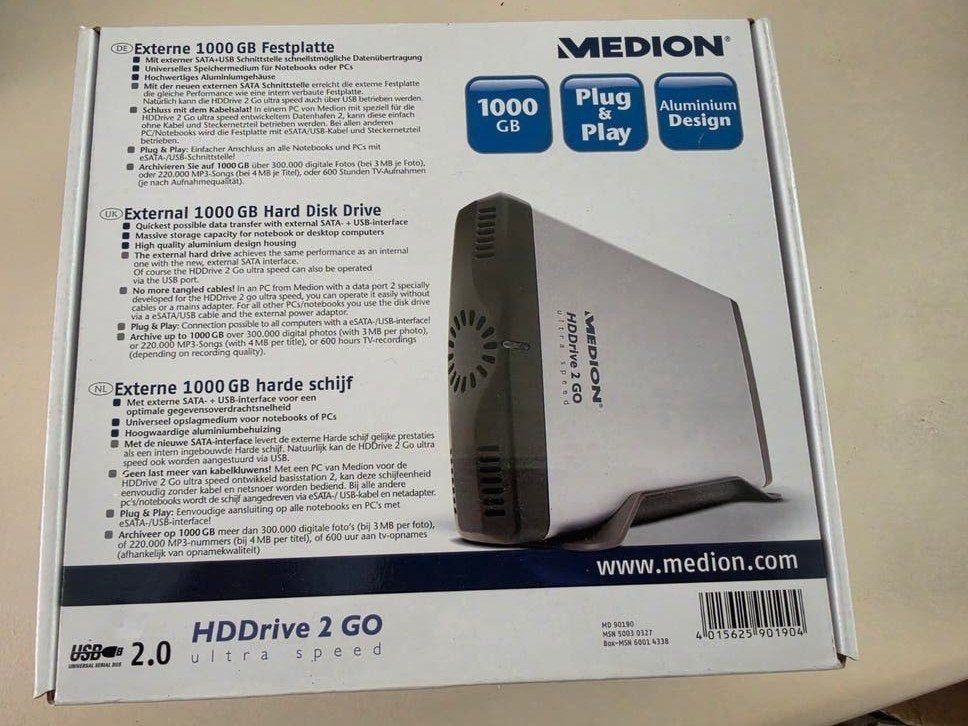 Medion HDDrive 2 GO 1000 GB Externe Harde Schijf USB 2.0, Server, HDD, Ophalen of Verzenden, 1000 GB