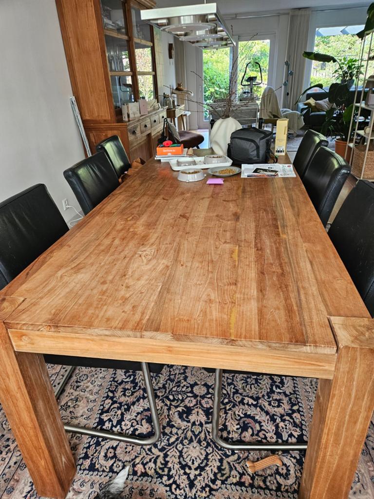Grote teakhouten eettafel met 6 RVS stoelen, Huis en Inrichting, Tafels | Eettafels, Ophalen, Gebruikt, 100 tot 150 cm, 200 cm of meer
