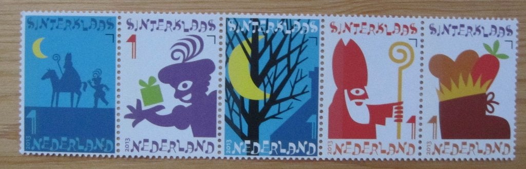 postzegelstrook Sinterklaas 2013 - vijf zegels van 1, Ophalen of Verzenden, Na 1940, Postfris