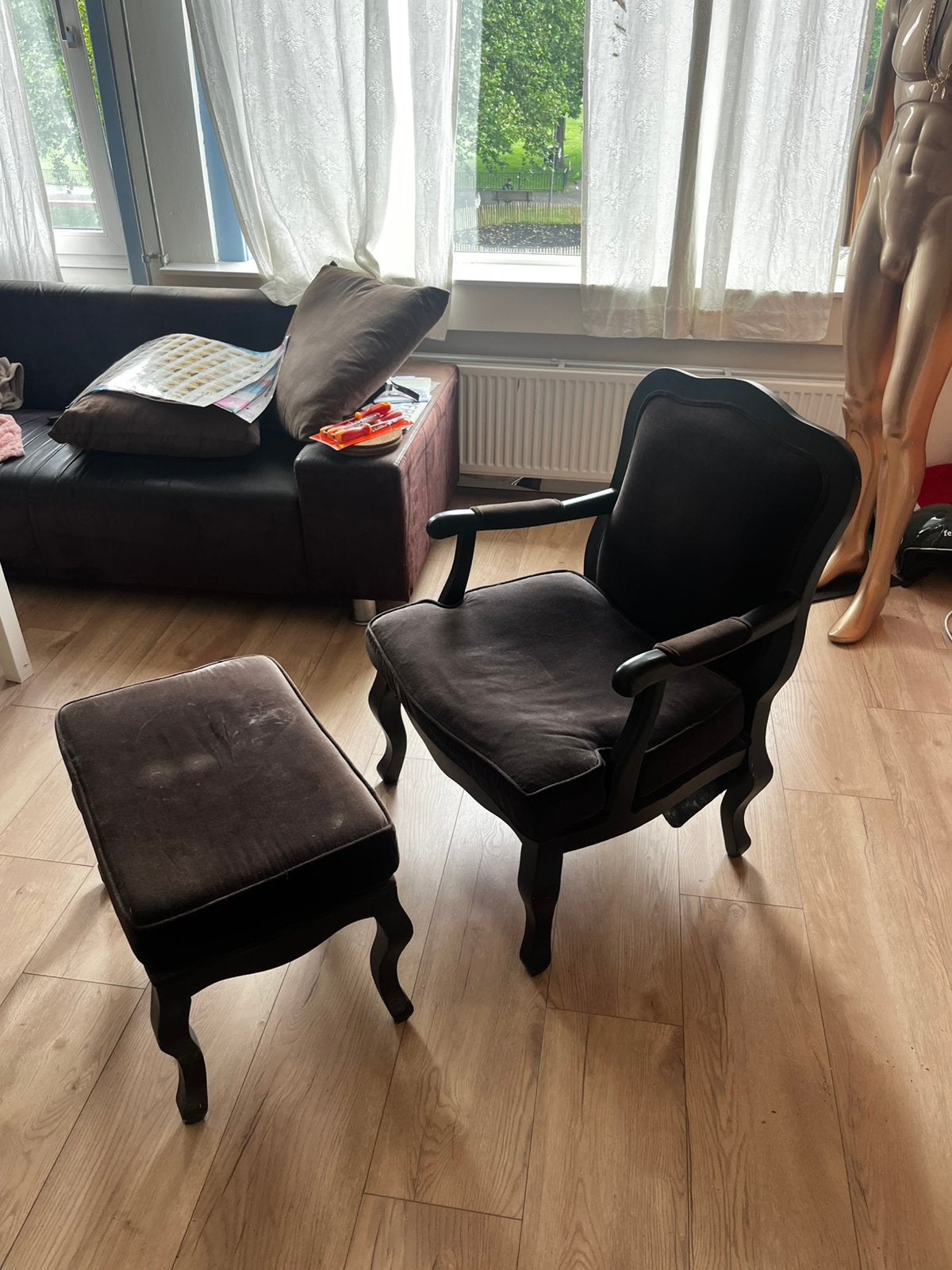Fauteuil met bijpassend bankje - Gebruikt, Huis en Inrichting, Fauteuils, Ophalen, Gebruikt, 75 tot 100 cm, Stof