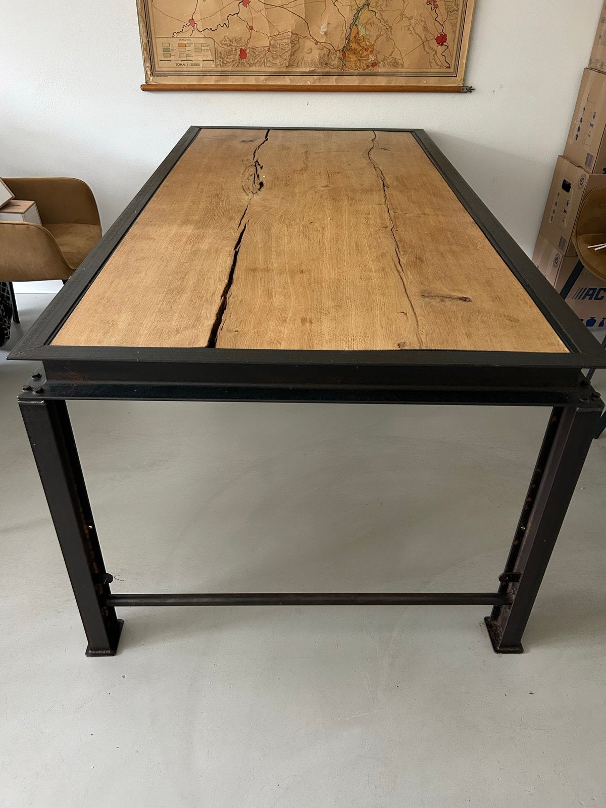 Robuuste Eikenhouten Stalen Tafel 100x200x78 cm, Ophalen, Gebruikt, 100 tot 150 cm, Eikenhout