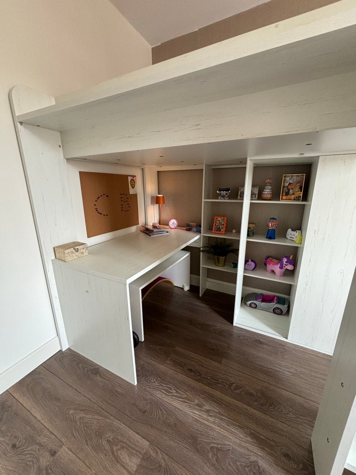 Hoogslaper met bureau en opbergruimte - Wit/grijs, Ophalen, Gebruikt, Eenpersoons, 200 cm
