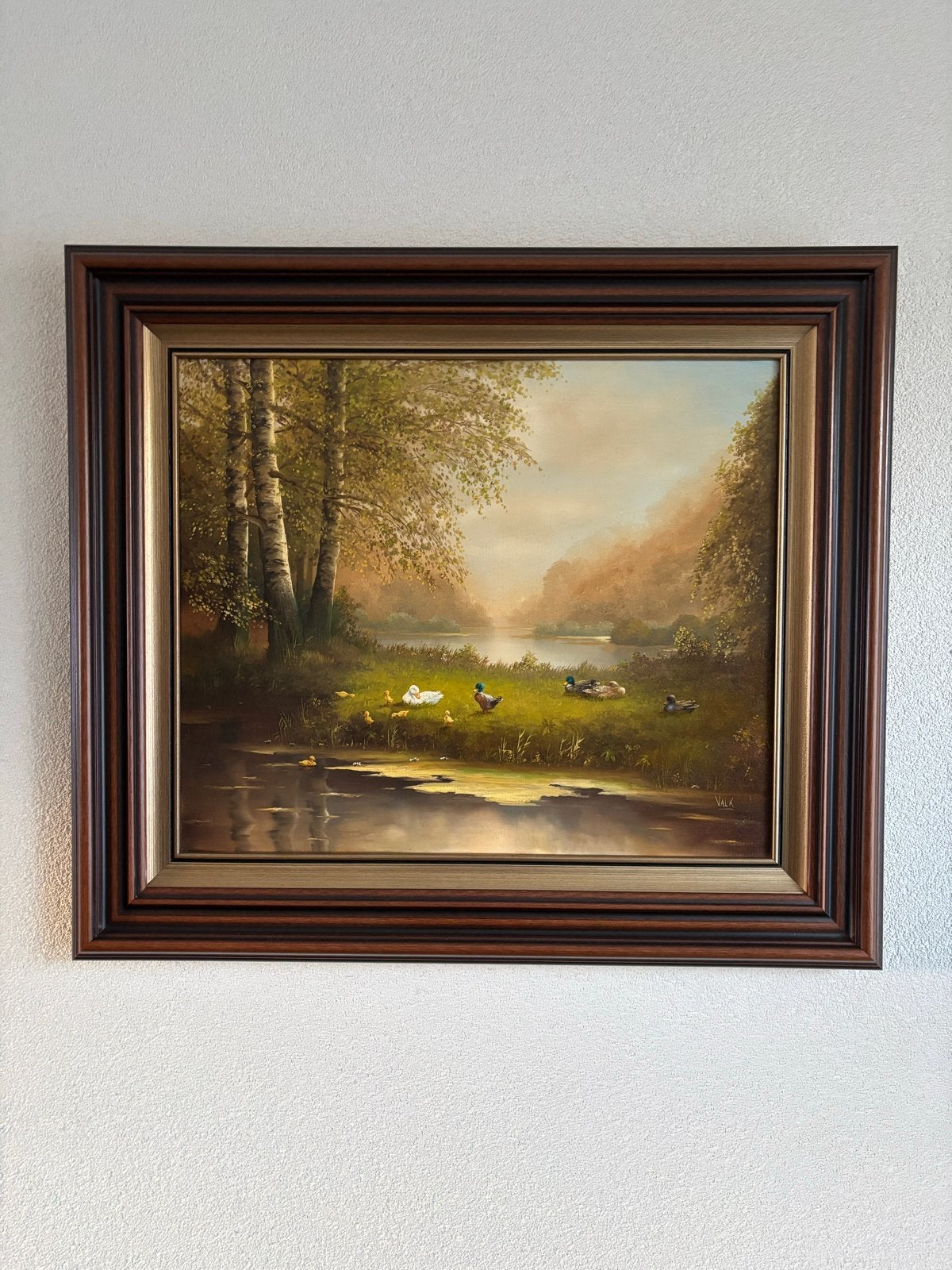 Schilderij met eenden aan de waterkant, gesigneerd Valk, Antiek en Kunst, Ophalen