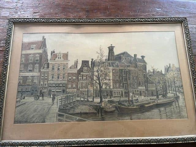 Schiedam begin 1900 door Eugene Rensburg 1872-1956, Ophalen of Verzenden, Klassiek, Gemengde techniek, Bijzondere lijst