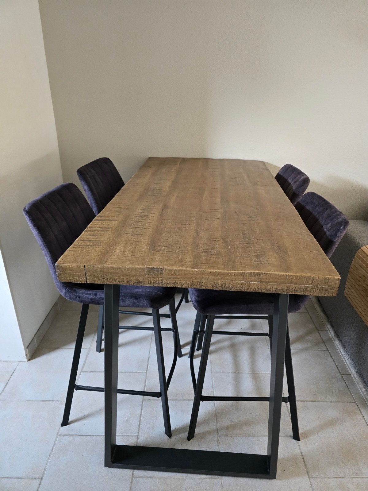Bartafel Mangohout + 4 barkrukken, Gebruikt, 100 tot 150 cm, Industrieel, Modern, 50 tot 100 cm