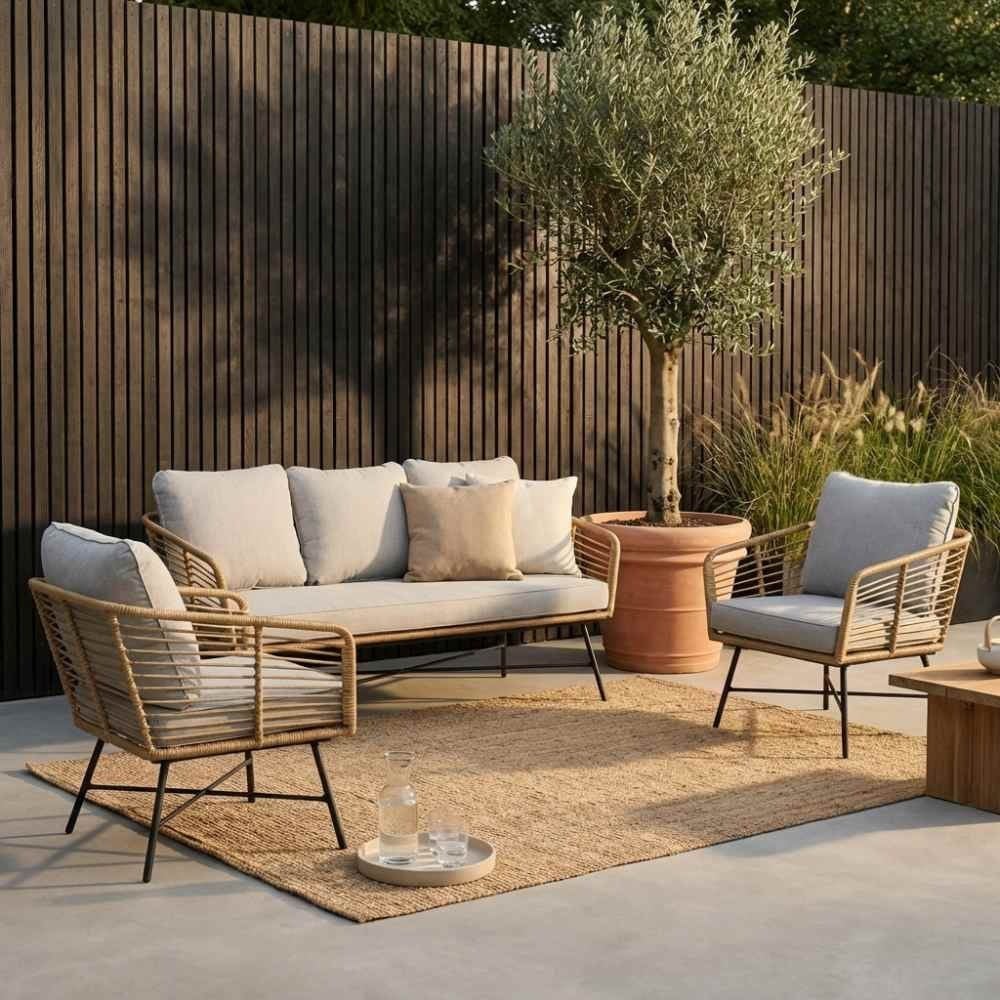 Flow stoel-bank loungeset | wicker | Bamboo taupe, Ophalen, 5 zitplaatsen, Zo goed als nieuw, Loungeset