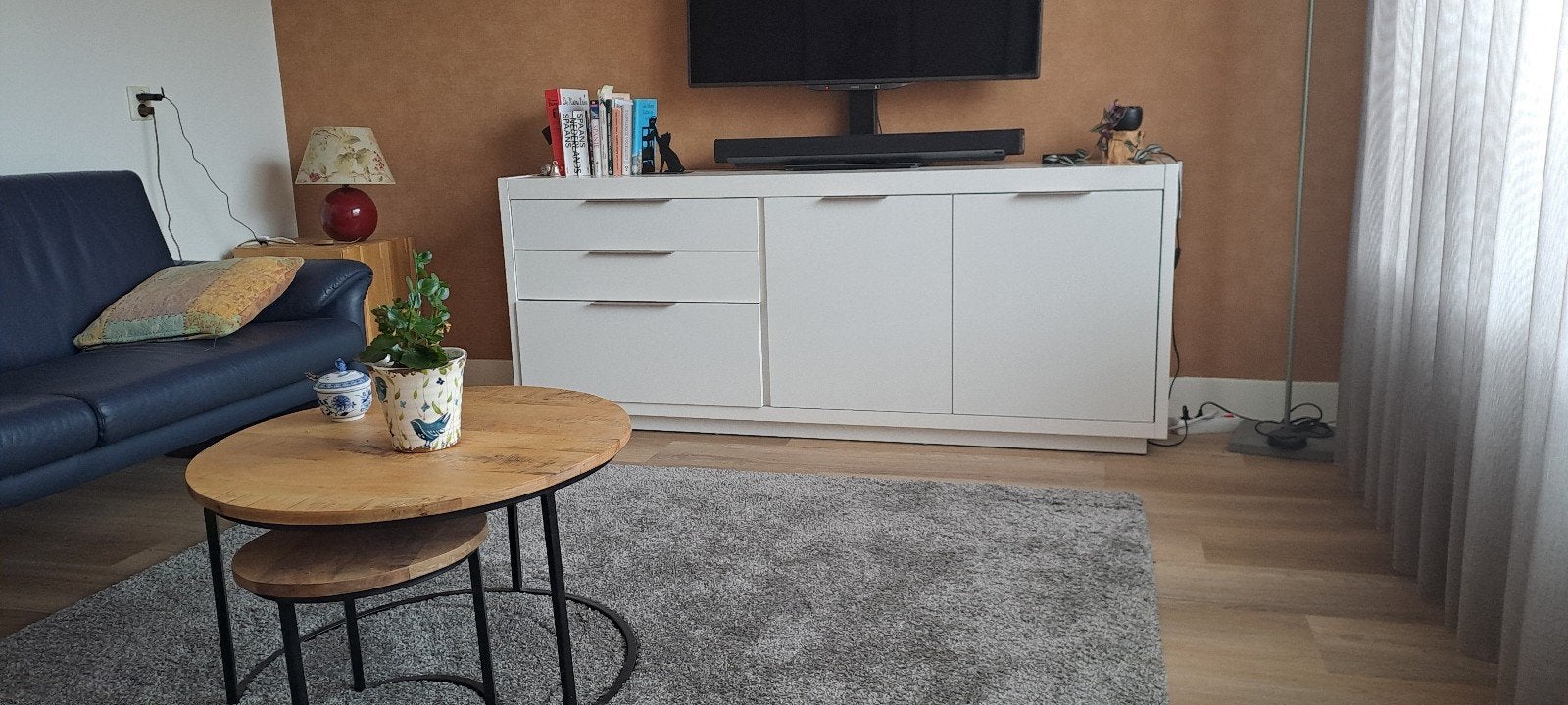 dressoir en bank leer blauw, Ophalen, Driepersoons, Zo goed als nieuw, Modern
