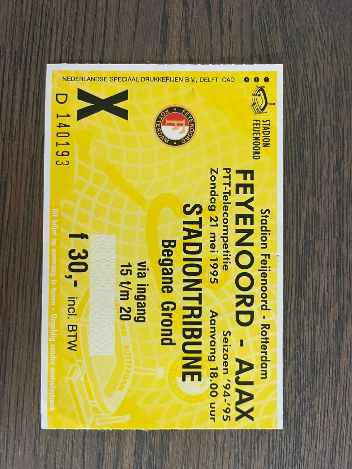 TICKET FEYENOORD-AJAX 94-95, Ophalen of Verzenden, Zo goed als nieuw, Ajax, Overige typen