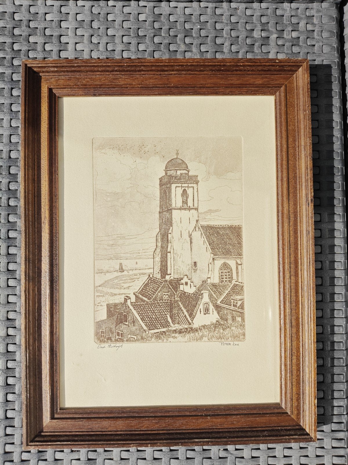 Ets van Peter Cox: Oud Katwijk Andreaskerk Witte Oude, Ingelijst, Ets, Stadsgezicht, Ophalen of Verzenden