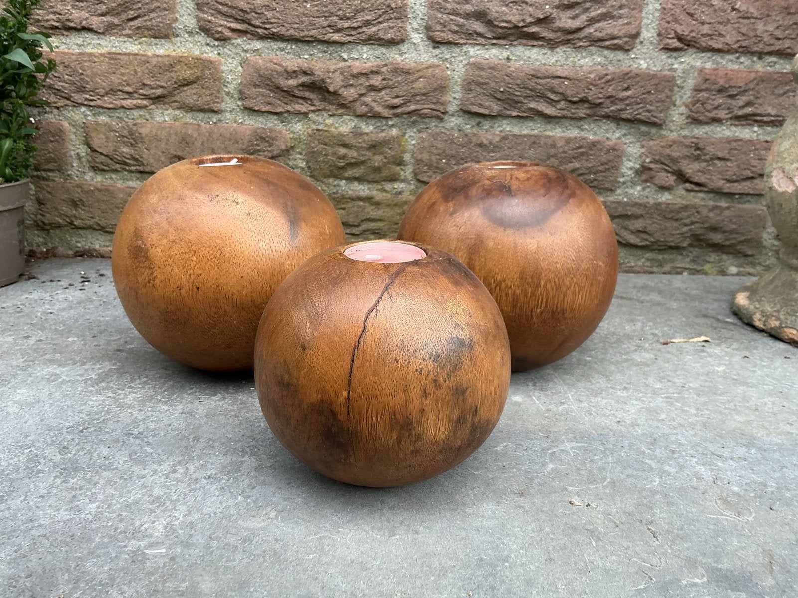 Set van 3 houten waxinelichthouders - Bolvormig, Huis en Inrichting, Woonaccessoires | Kandelaars en Kaarsen, Gebruikt, Bruin