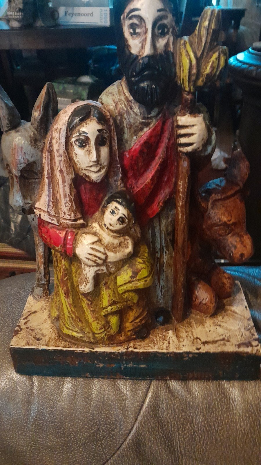 Houten Beeld Heilige Familie met Ezel en Os - Handgesneden, Antiek en Kunst, Ophalen of Verzenden