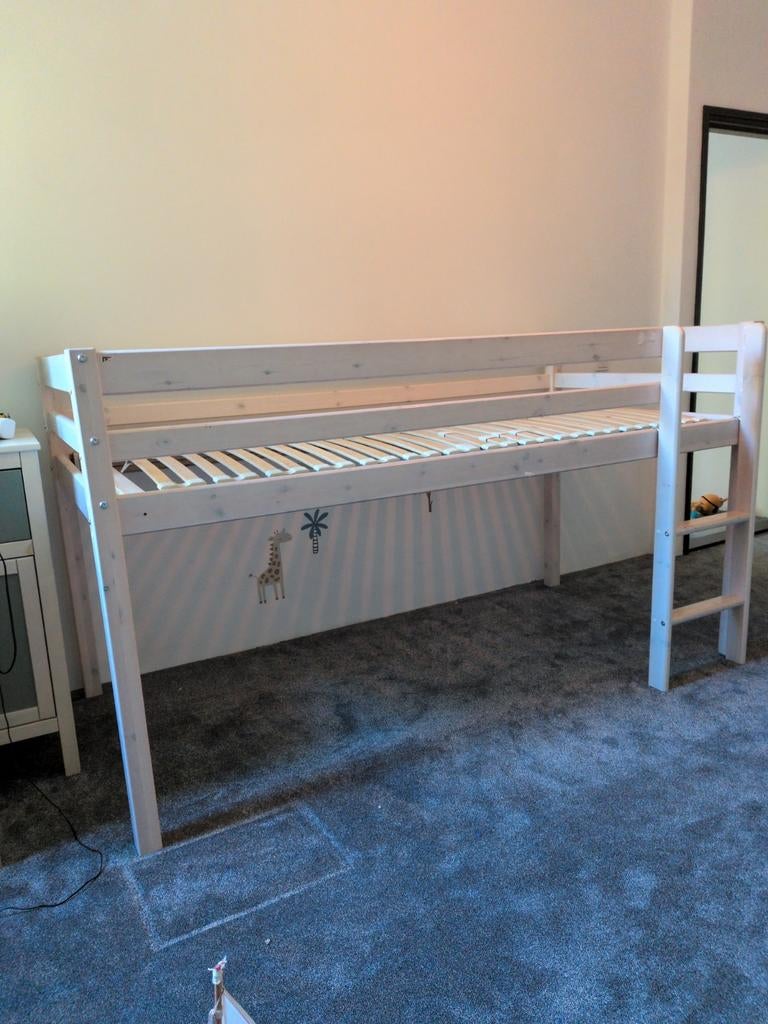 Houten Hoogslaper White Wash met Lattenbodem, Ophalen, Gebruikt, Hoogslaper