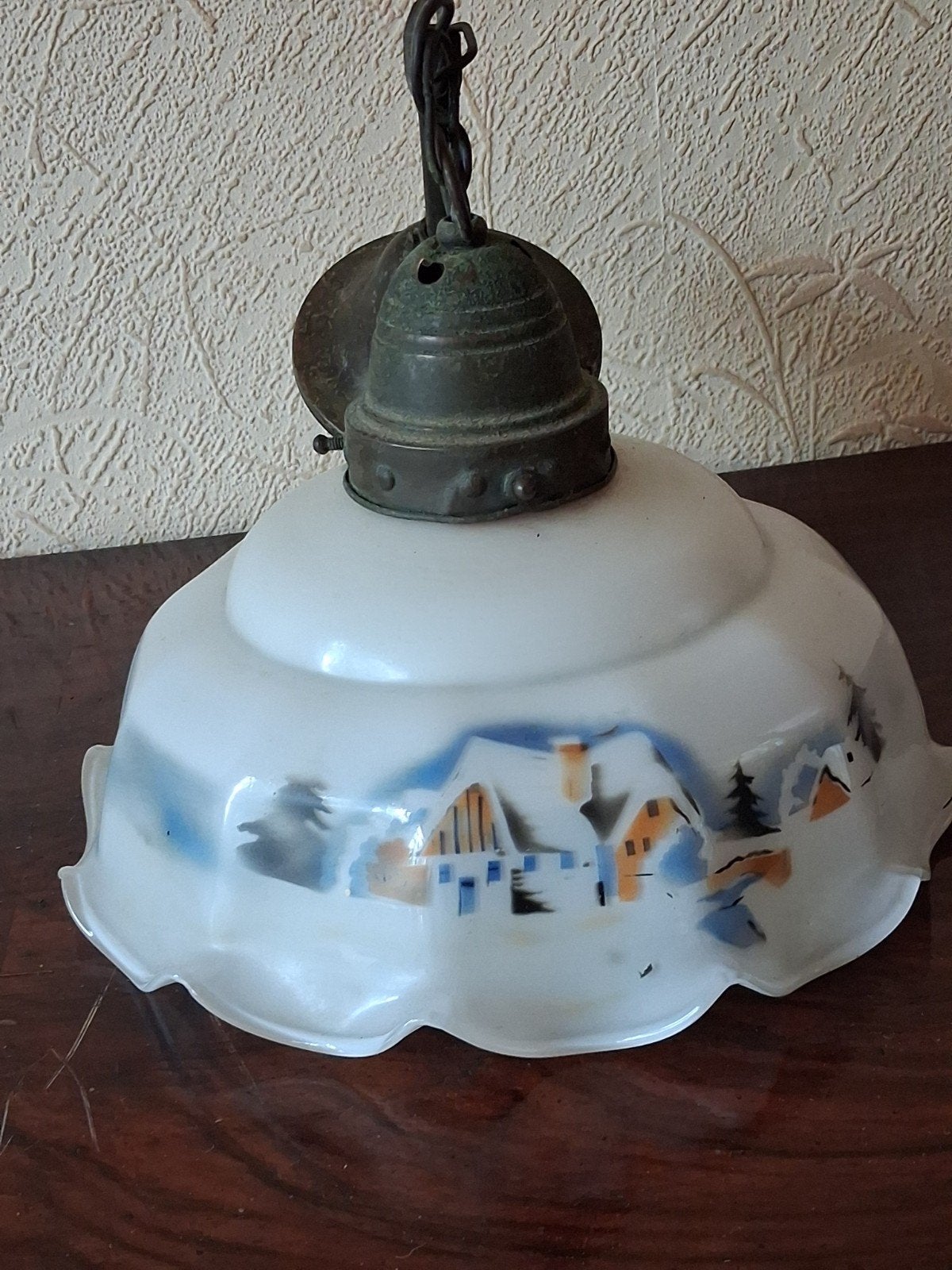 Antieke hanglamp met winters tafereel, Ophalen of Verzenden