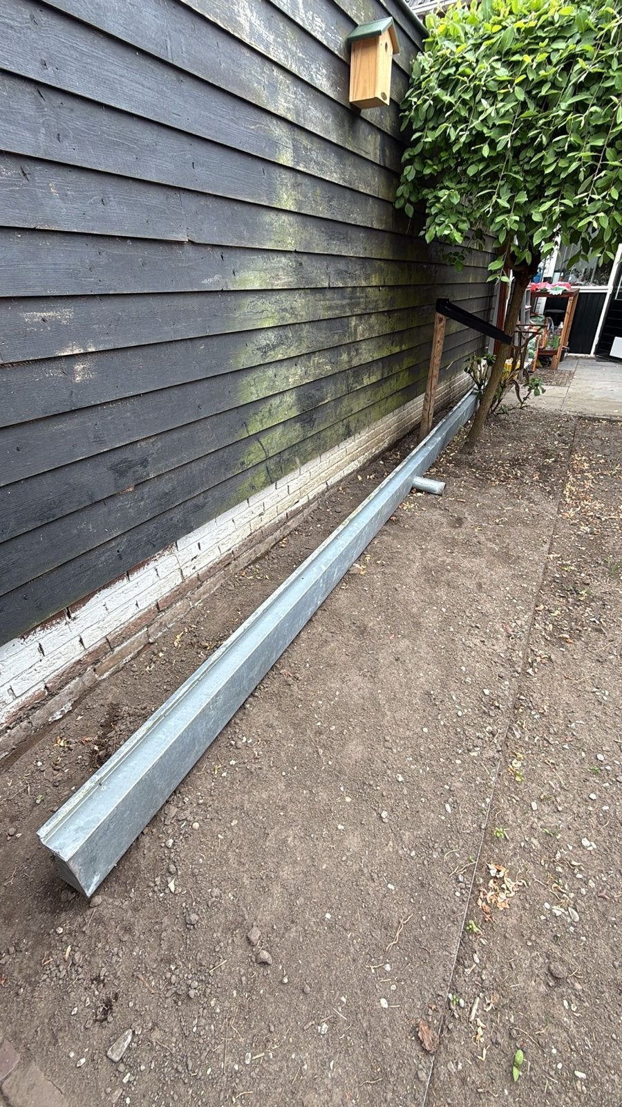 Zinken dakgoot 6 meter met afvoer, Doe-het-zelf en Verbouw, Buizen en Afvoer, Ophalen, Gebruikt
