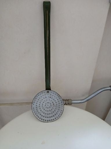 Vintage grijs/groen ge-emailleerde Schuimspaan,(adv.352), Ophalen of Verzenden, Metaal, Overige merken, Groen