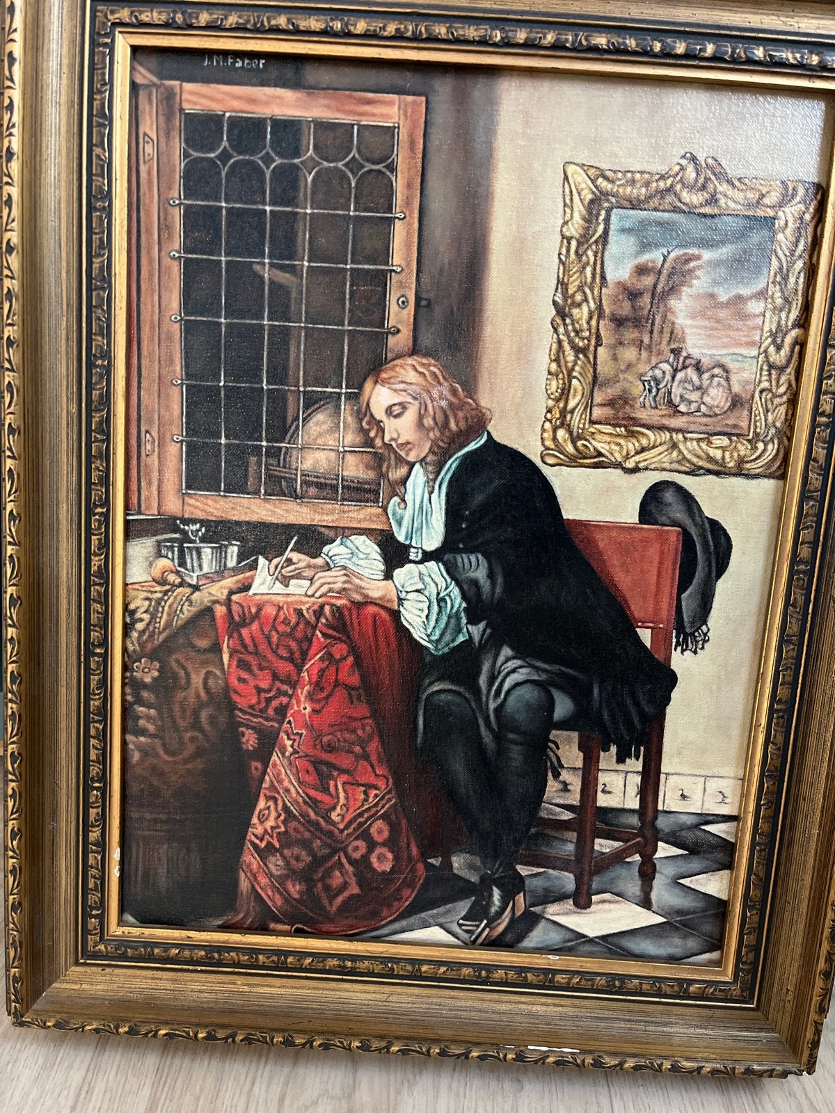 Klassiek schilderij J.M. Faber - Schrijvende man, Ophalen, Doek, Portret of Personen, Gesigneerd