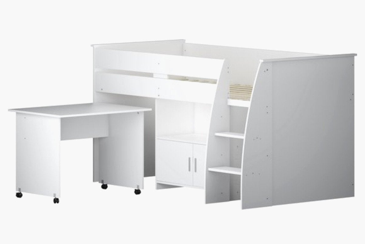 Witte halfhoogslaper met bureau en opbergruimte, Ophalen, 85 tot 100 cm, Gebruikt, Hoogslaper of Stapelbed