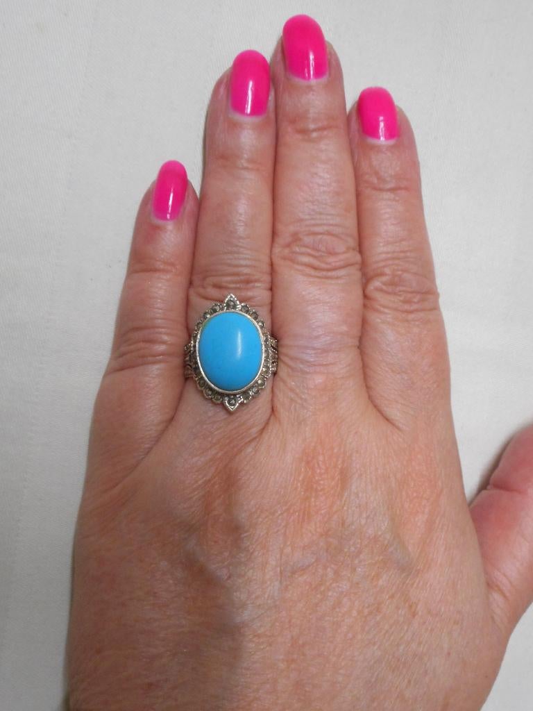 Zilveren vintage ring met turquoise maat 17.75 nr.1356