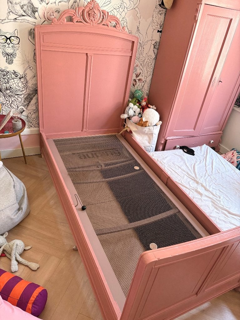 Antiek (kinder)bed met verstelbaar Auping spiraalbodem, Ophalen, 85 tot 100 cm, Gebruikt, Matras